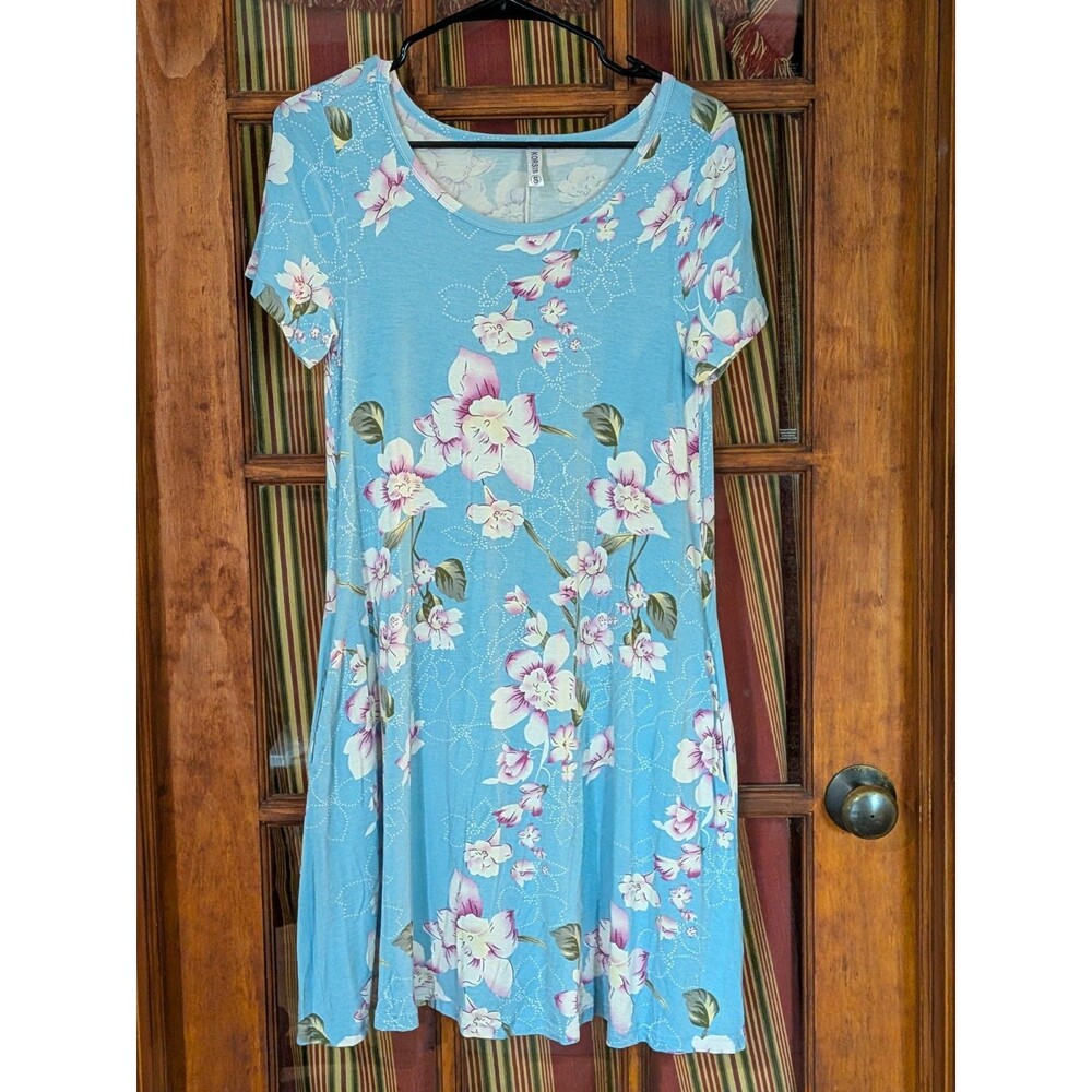 KORSIS Women's Small Blue Floral Print Short Sleeve T Shirt Swing Dress POCKETS